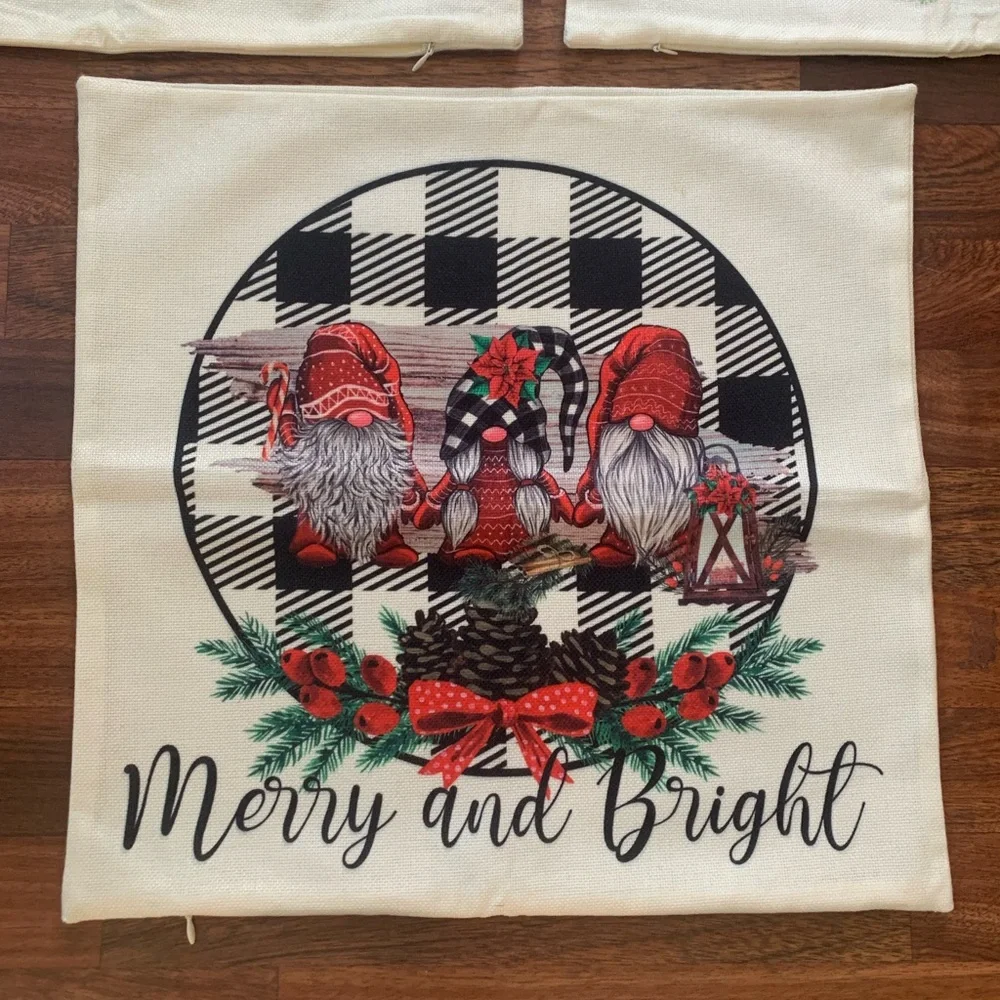 Set of 3 Square Holiday Decor Pillow Covers 17x17” Zip Closure Washable Plaid